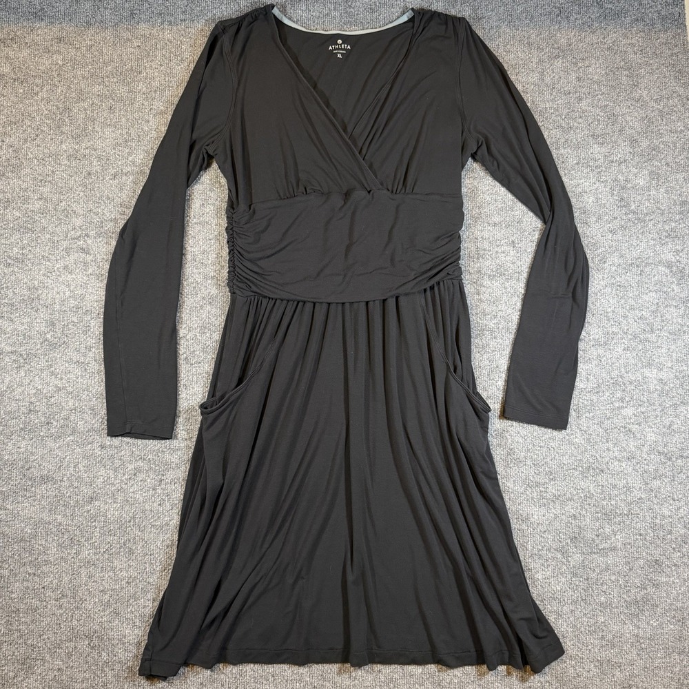 Athleta Womens XL Perfect Packer Dress Black V-Neck Long Sleeve Pockets